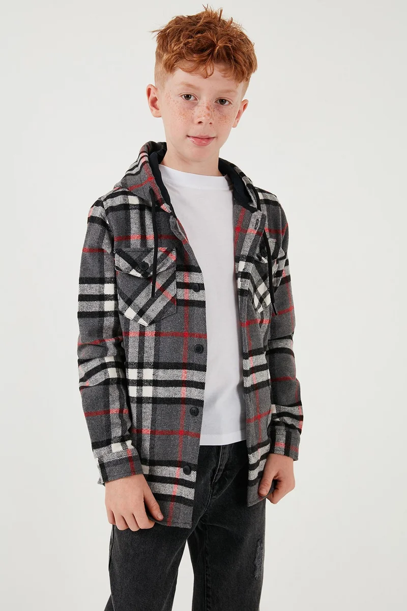 Lela Hooded Double Pocket Plaid Lumberjack Shirt Boy's Shirt CF25W81786