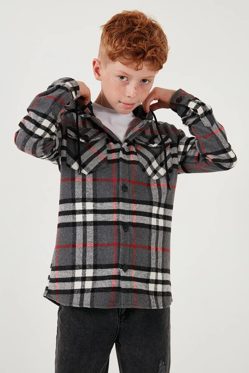 Lela Hooded Double Pocket Plaid Lumberjack Shirt Boy's Shirt CF25W81786