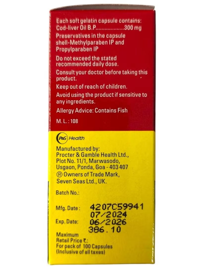 Sevenseas Cod liver oil capsules, omega-3 fatty acids, vitamin A, and vitamin D, 100 capsules - Image 3