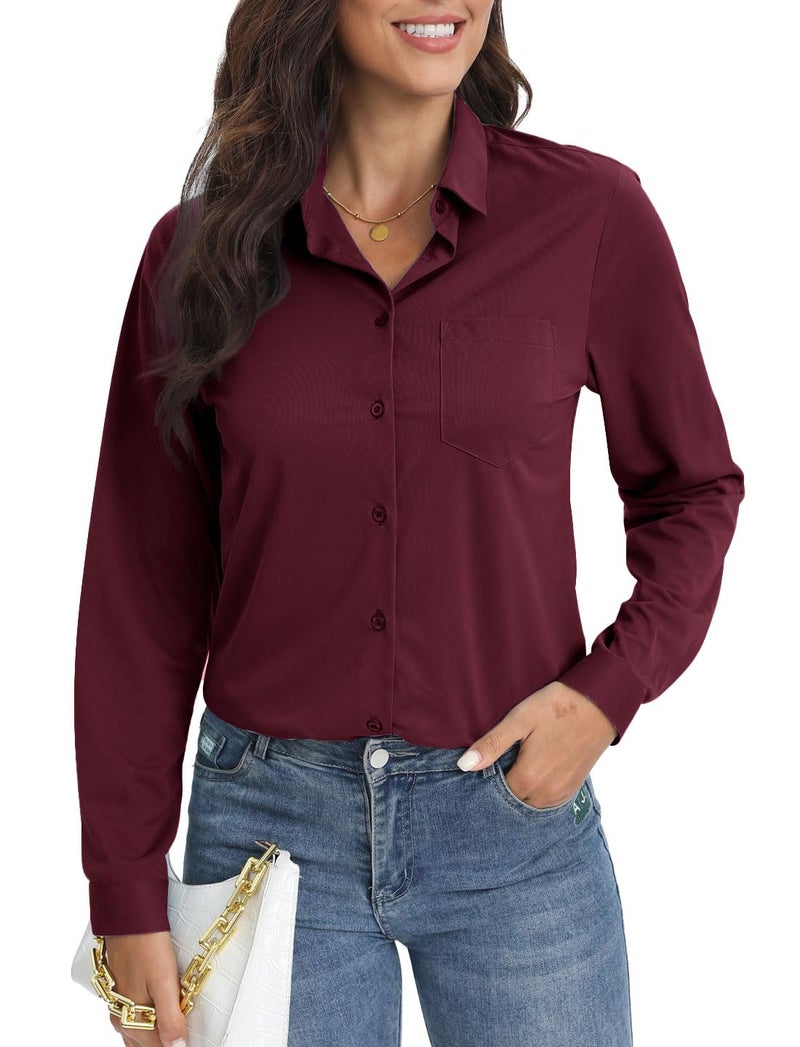 COUXILY Casual Wrinkle Free Button Down Shirts for Women Long Sleeve Stretch Formal Business Office Work Blouses Tops (Burgundy, XS) - Image 1