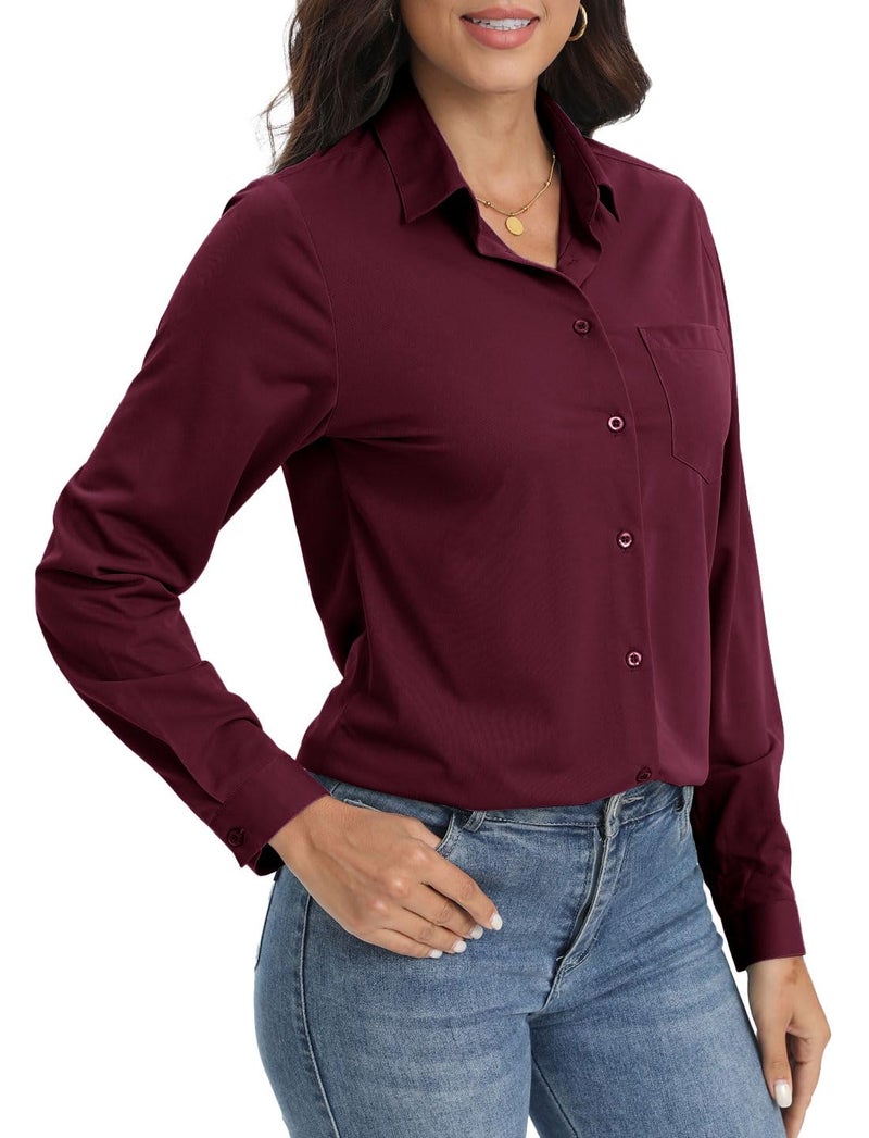 COUXILY Casual Wrinkle Free Button Down Shirts for Women Long Sleeve Stretch Formal Business Office Work Blouses Tops (Burgundy, XS) - Image 2