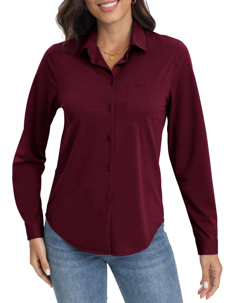 COUXILY Casual Wrinkle Free Button Down Shirts for Women Long Sleeve Stretch Formal Business Office Work Blouses Tops (Burgundy, XS) - Image 3
