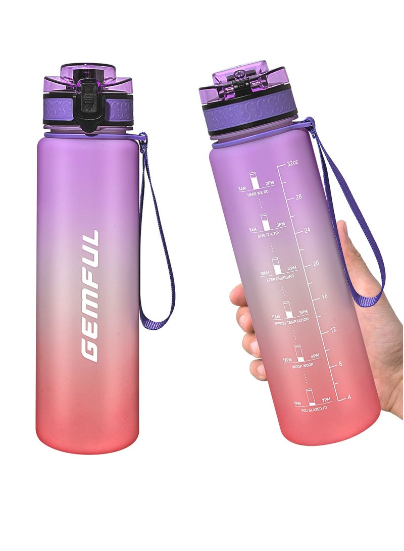 GEMFUL Water Bottle 1L with Straw Motivational Time Marker Tritan BPA Free Drink Bottle for Sports Fitness Gym and Travel - Image 1