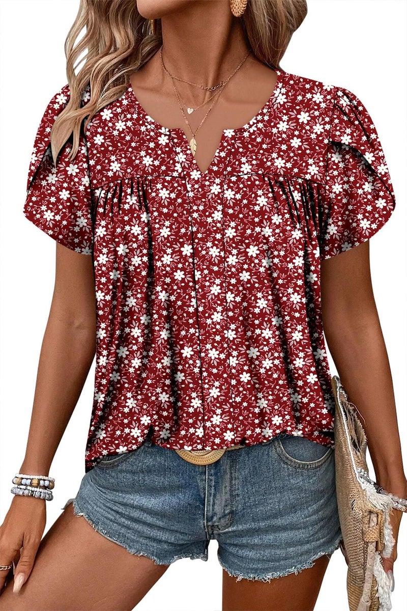 CRAZY GRID Women's Shirts Summer Casual V Neck Lace Crochet Short Sleeve Blouses Cute Floral Print Loose Tunic Top Basic Red Tees for Women Tomato Red-L - Image 1