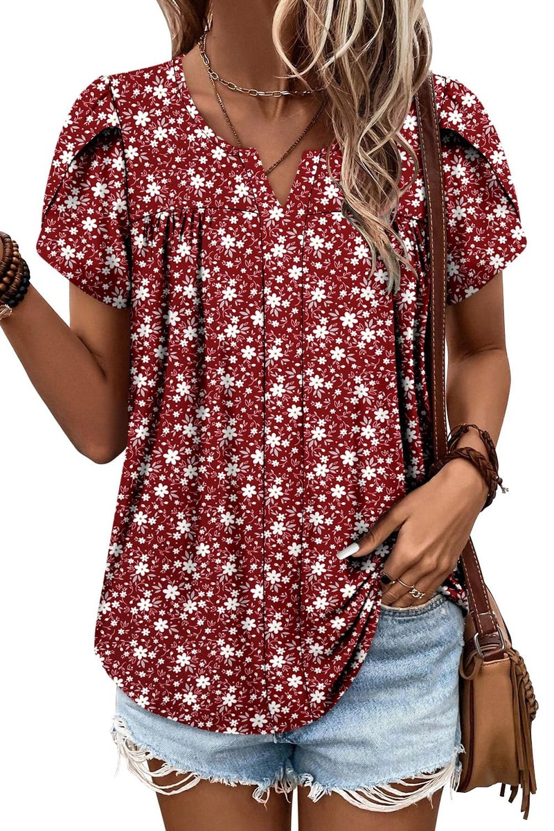 CRAZY GRID Women's Shirts Summer Casual V Neck Lace Crochet Short Sleeve Blouses Cute Floral Print Loose Tunic Top Basic Red Tees for Women Tomato Red-L - Image 2