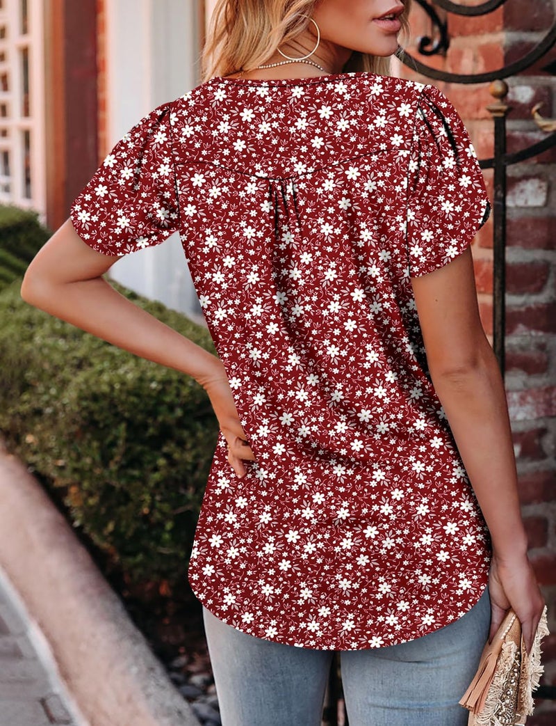CRAZY GRID Women's Shirts Summer Casual V Neck Lace Crochet Short Sleeve Blouses Cute Floral Print Loose Tunic Top Basic Red Tees for Women Tomato Red-L - Image 3