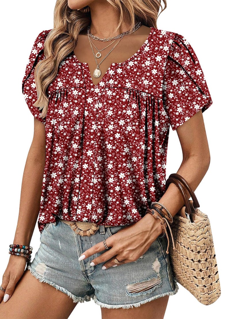 CRAZY GRID Women's Shirts Summer Casual V Neck Lace Crochet Short Sleeve Blouses Cute Floral Print Loose Tunic Top Basic Red Tees for Women Tomato Red-L - Image 5