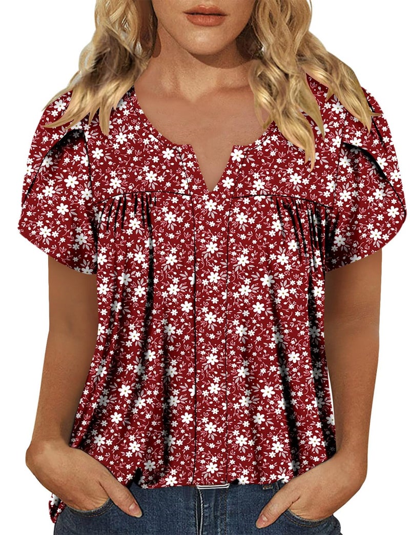 CRAZY GRID Women's Shirts Summer Casual V Neck Lace Crochet Short Sleeve Blouses Cute Floral Print Loose Tunic Top Basic Red Tees for Women Tomato Red-L - Image 4