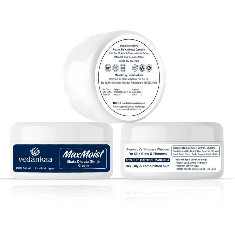 vedànkaa Vednkaa Max Moist Shata Dhauta Ghrita Ayurvedic 100 Times Washed Desi Cow Ghee Moisturizer for Dry Oily Skin Lightweight DayNight Face Cream for Skin Glow Firmness 100g - Image 5