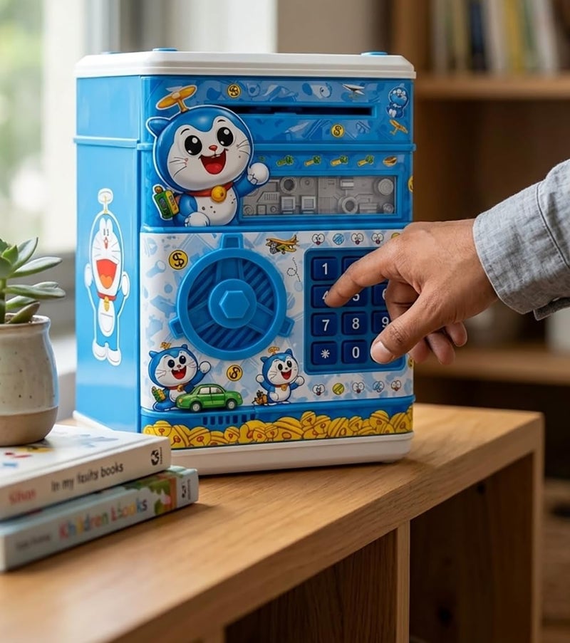 Magicwand ATM Piggy Bank|Mini ATM|Coin Bank Money Saving Box with Password,【Cartoon Blue】 Kids Safe Money Bank for Kids with Auto Grab Note Slot - Image 3