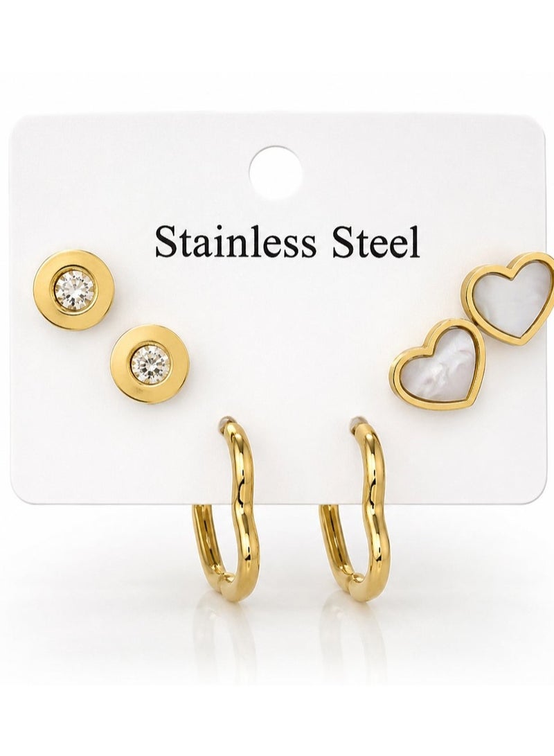 Shein 3 Pairs Stainless Steel Earrings Set for Women – Gold Color Heart  Studs, Crystal Round Studs & heart Earrings - Image 1