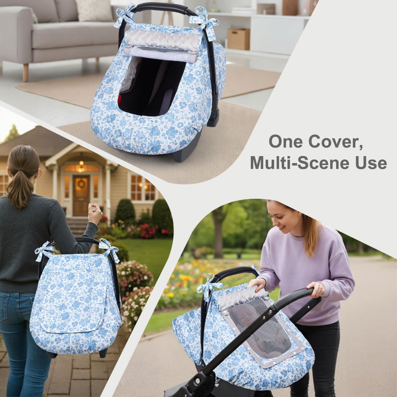 FIOBEE Baby Car Seat Cover, Car Seat Covers for Babies Infant Car Seat Canopy with Breathable Mesh Window Waterproof Carseat Cover for Babies Boy Girl 4 Seasons, Ice Blue Floral - Image 5