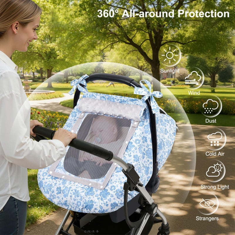 FIOBEE Baby Car Seat Cover, Car Seat Covers for Babies Infant Car Seat Canopy with Breathable Mesh Window Waterproof Carseat Cover for Babies Boy Girl 4 Seasons, Ice Blue Floral - Image 2