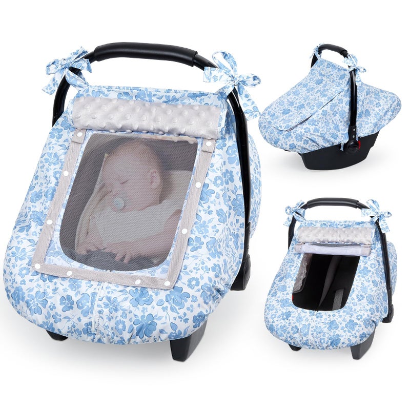 FIOBEE Baby Car Seat Cover, Car Seat Covers for Babies Infant Car Seat Canopy with Breathable Mesh Window Waterproof Carseat Cover for Babies Boy Girl 4 Seasons, Ice Blue Floral - Image 1