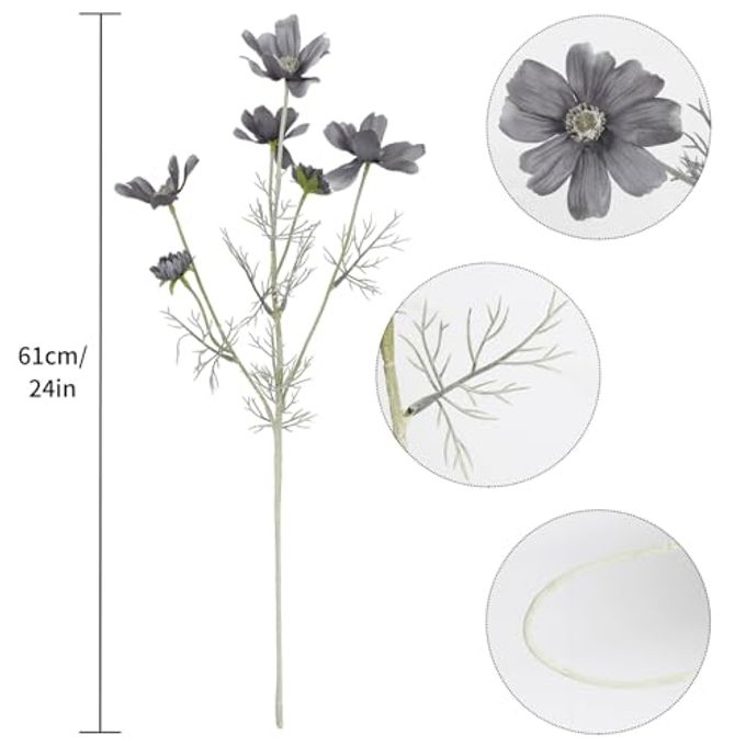 Fqueelvys 6PCS Cosmos Silk Flowers 24''Fake Wild Flowers Artificial Flowers Arrangement for Wedding Party Kitchens Home Decoration(Gray) - Image 3