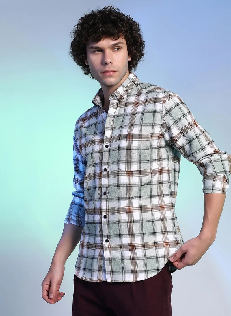 Campus Sutra Campus Sutra Men's Cloud Grey & Russet Brown Faded-Checkered Shirt For Casual Wear | Spread Collar | Long Cuffed Sleeves | Button Closure | Shirt Crafted With Comfort Fit For Everyday Wear