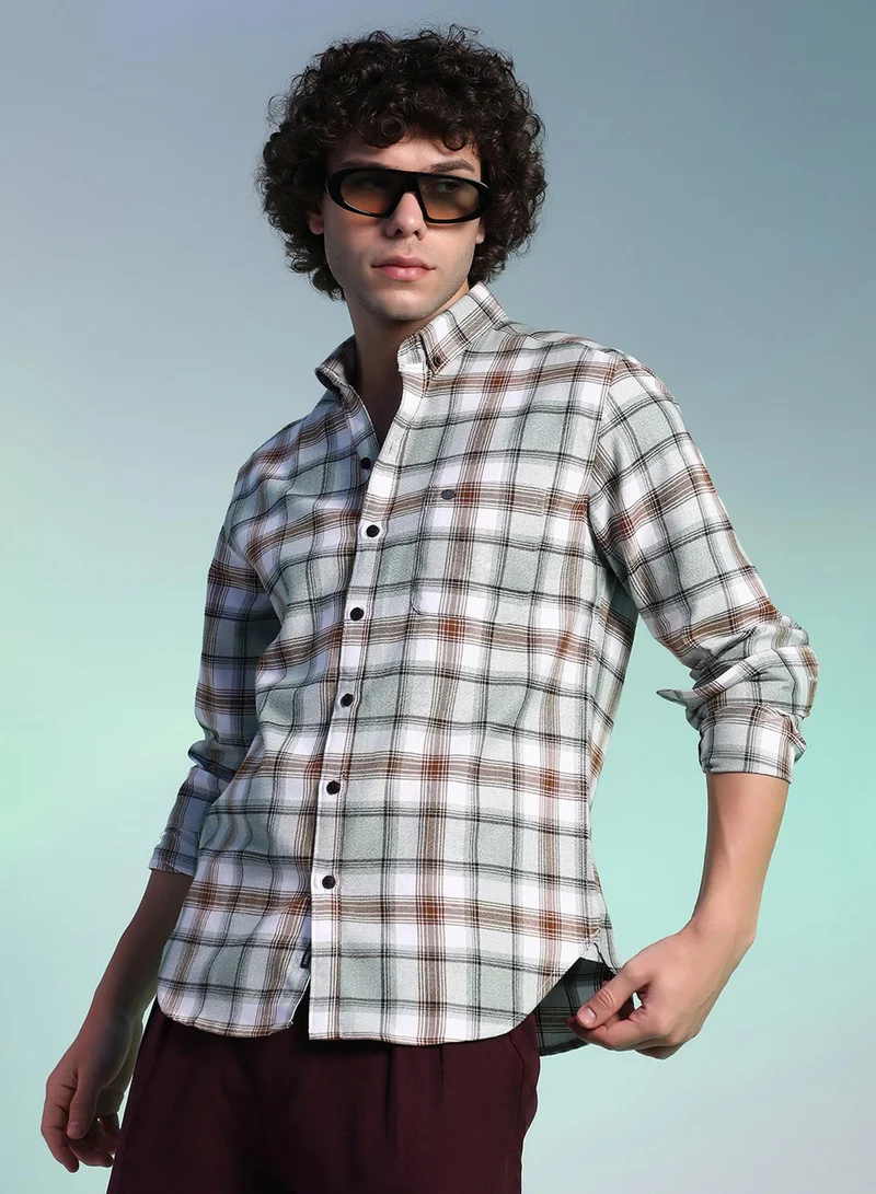 Campus Sutra Campus Sutra Men's Cloud Grey & Russet Brown Faded-Checkered Shirt For Casual Wear | Spread Collar | Long Cuffed Sleeves | Button Closure | Shirt Crafted With Comfort Fit For Everyday Wear