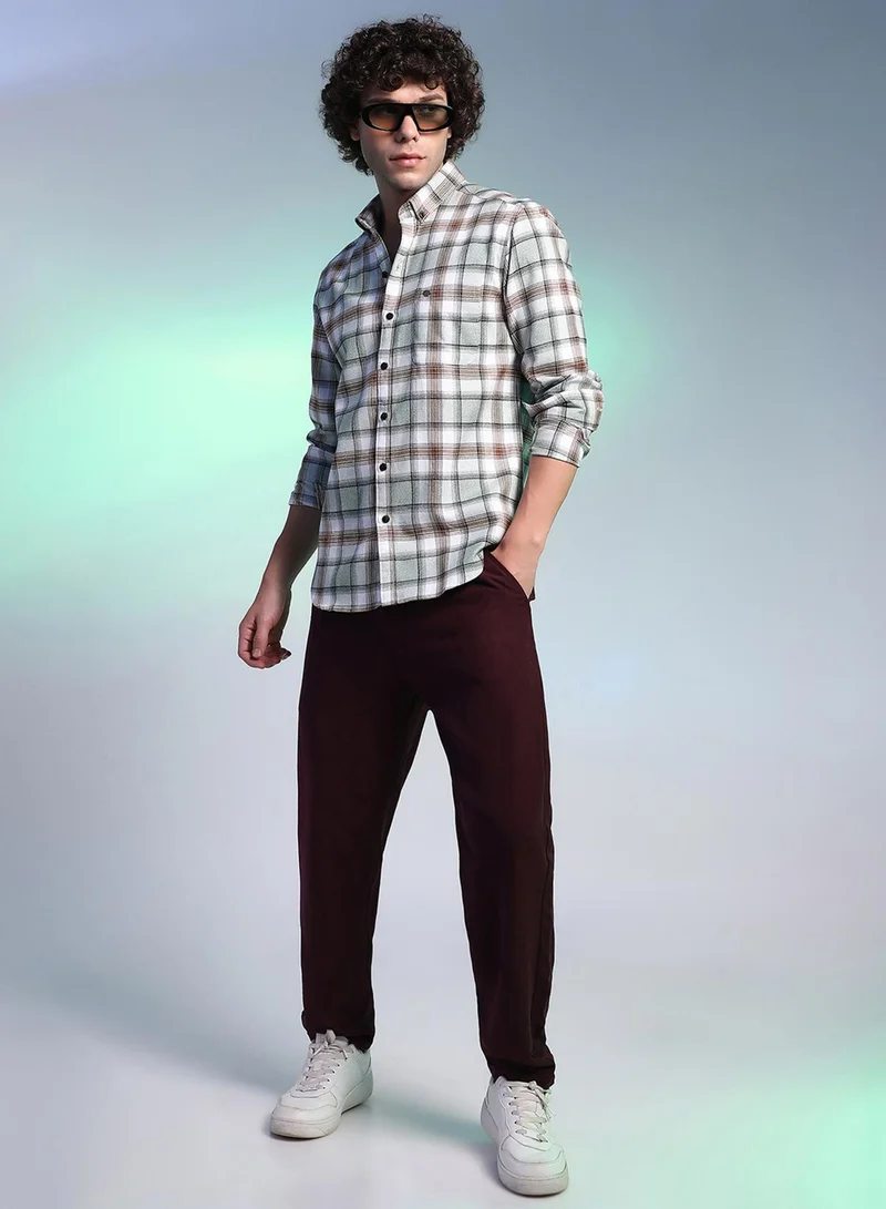 Campus Sutra Campus Sutra Men's Cloud Grey & Russet Brown Faded-Checkered Shirt For Casual Wear | Spread Collar | Long Cuffed Sleeves | Button Closure | Shirt Crafted With Comfort Fit For Everyday Wear