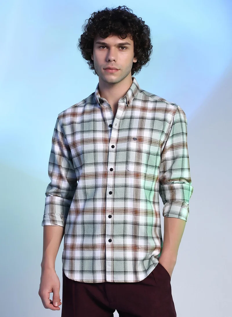 Campus Sutra Campus Sutra Men's Cloud Grey & Russet Brown Faded-Checkered Shirt For Casual Wear | Spread Collar | Long Cuffed Sleeves | Button Closure | Shirt Crafted With Comfort Fit For Everyday Wear