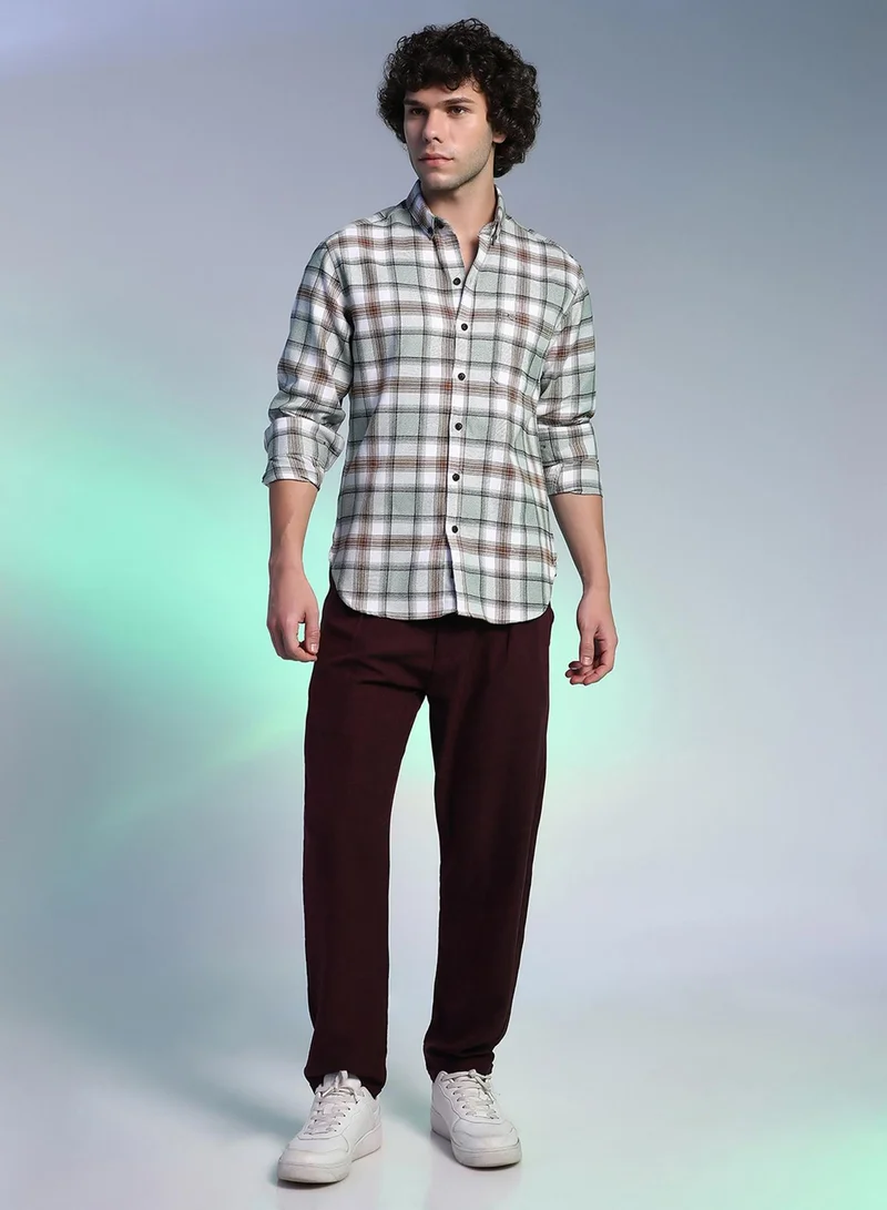 Campus Sutra Campus Sutra Men's Cloud Grey & Russet Brown Faded-Checkered Shirt For Casual Wear | Spread Collar | Long Cuffed Sleeves | Button Closure | Shirt Crafted With Comfort Fit For Everyday Wear