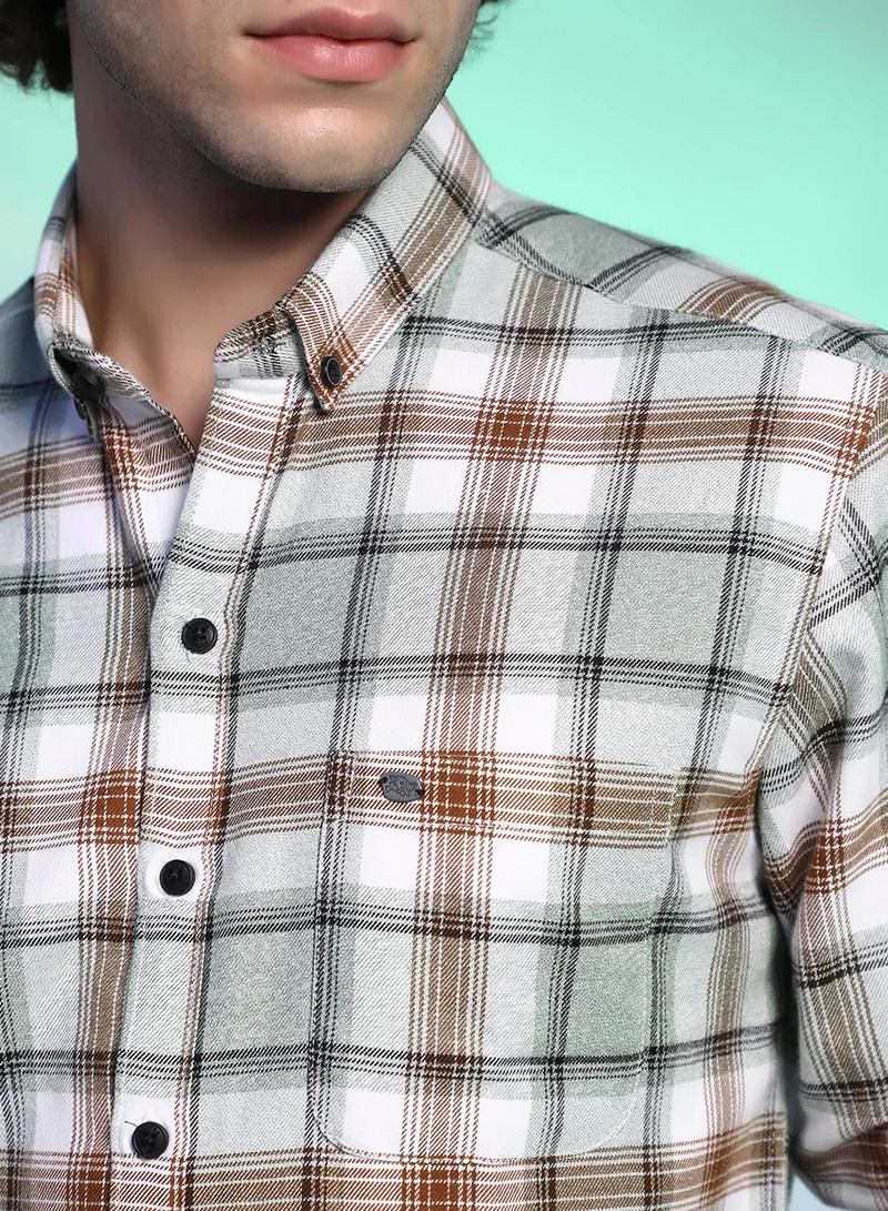 Campus Sutra Campus Sutra Men's Cloud Grey & Russet Brown Faded-Checkered Shirt For Casual Wear | Spread Collar | Long Cuffed Sleeves | Button Closure | Shirt Crafted With Comfort Fit For Everyday Wear
