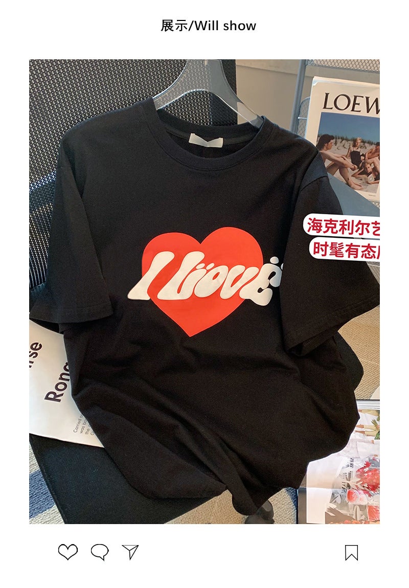 Cotton Bag Collar Black Love Letter Printed Short-sleeved T-shirt Womens Summer New Loose All-match Round Neck Top Trendy Black [cotton bag collar]]