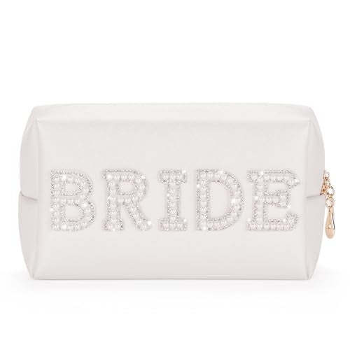 Etercycle Bride Letter Makeup Bag, Bride To Be Gifts Bling Pearl Rhinestone Patch Cosmetic Bag, Waterproof PU Travel Toiletry Bag for Bachelorette Party Women Wedding Bridal (Silver) - Image 1