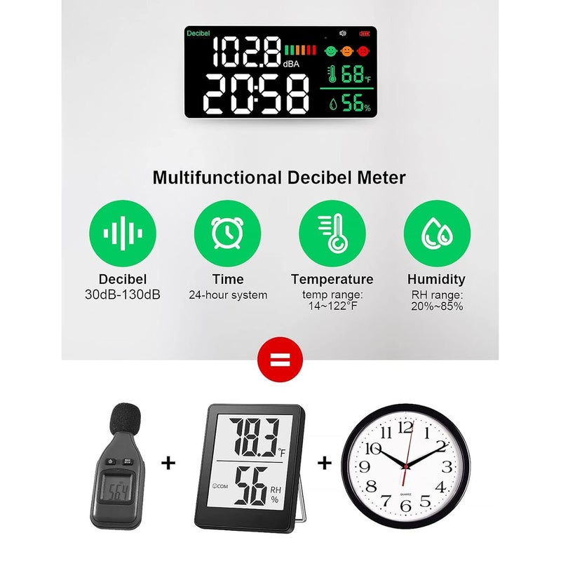 ABS Sound Level Meter 30 to 130dB with Temperature Humidity Sensor Wall Mountable Noise Reader - Image 5