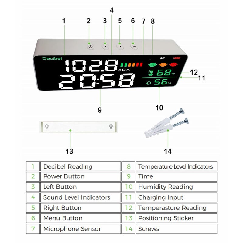 ABS Sound Level Meter 30 to 130dB with Temperature Humidity Sensor Wall Mountable Noise Reader - Image 3