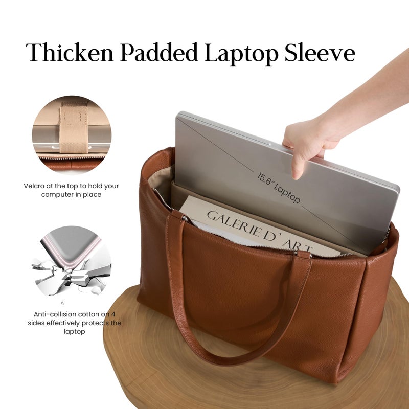 befen Real Leather Work Tote Bag for Women Ladies Totes Shoulder Purse Satchel Handbags with 15.6" Compartment & Water Cup Holder Cognac Brown - Image 5