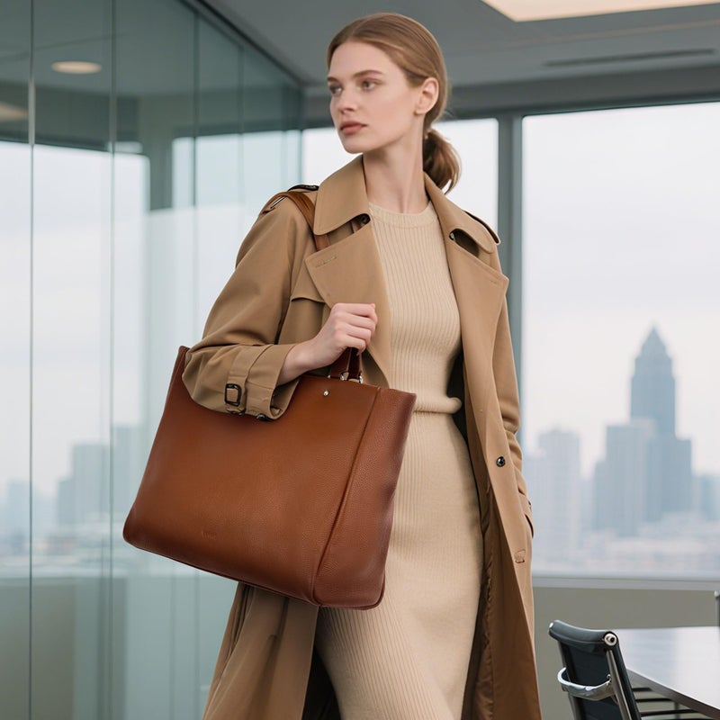befen Real Leather Work Tote Bag for Women Ladies Totes Shoulder Purse Satchel Handbags with 15.6" Compartment & Water Cup Holder Cognac Brown - Image 2