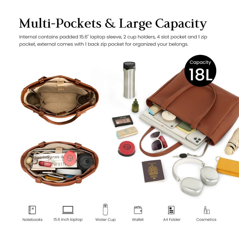 befen Real Leather Work Tote Bag for Women Ladies Totes Shoulder Purse Satchel Handbags with 15.6" Compartment & Water Cup Holder Cognac Brown - Image 3