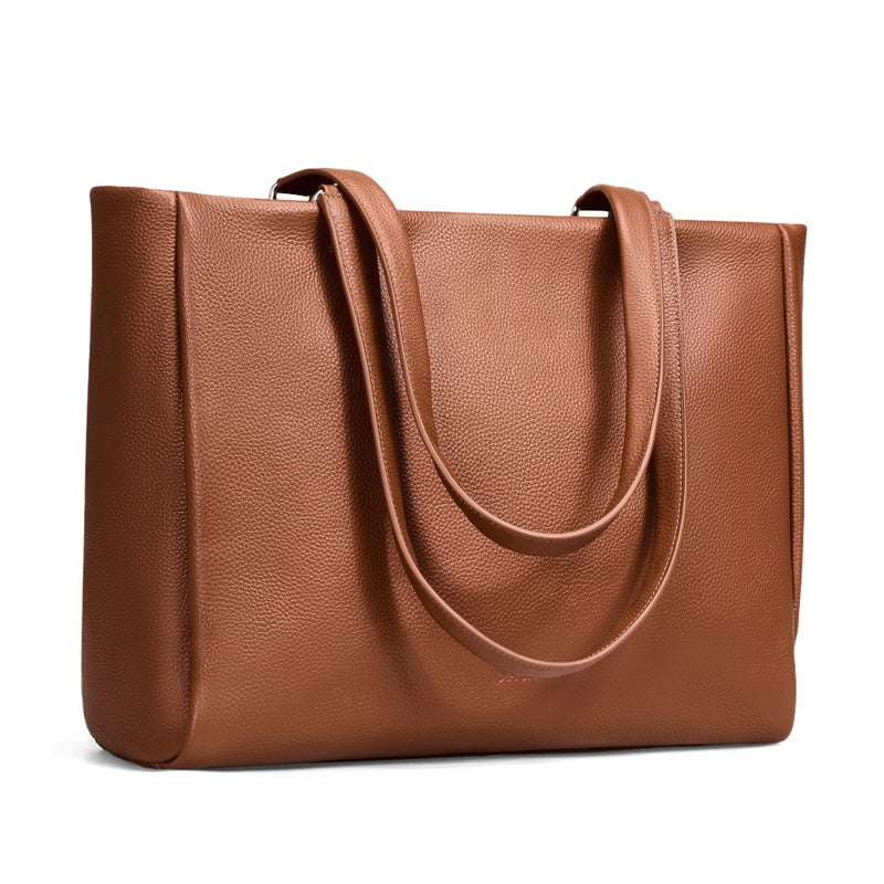 befen Real Leather Work Tote Bag for Women Ladies Totes Shoulder Purse Satchel Handbags with 15.6" Compartment & Water Cup Holder Cognac Brown - Image 1