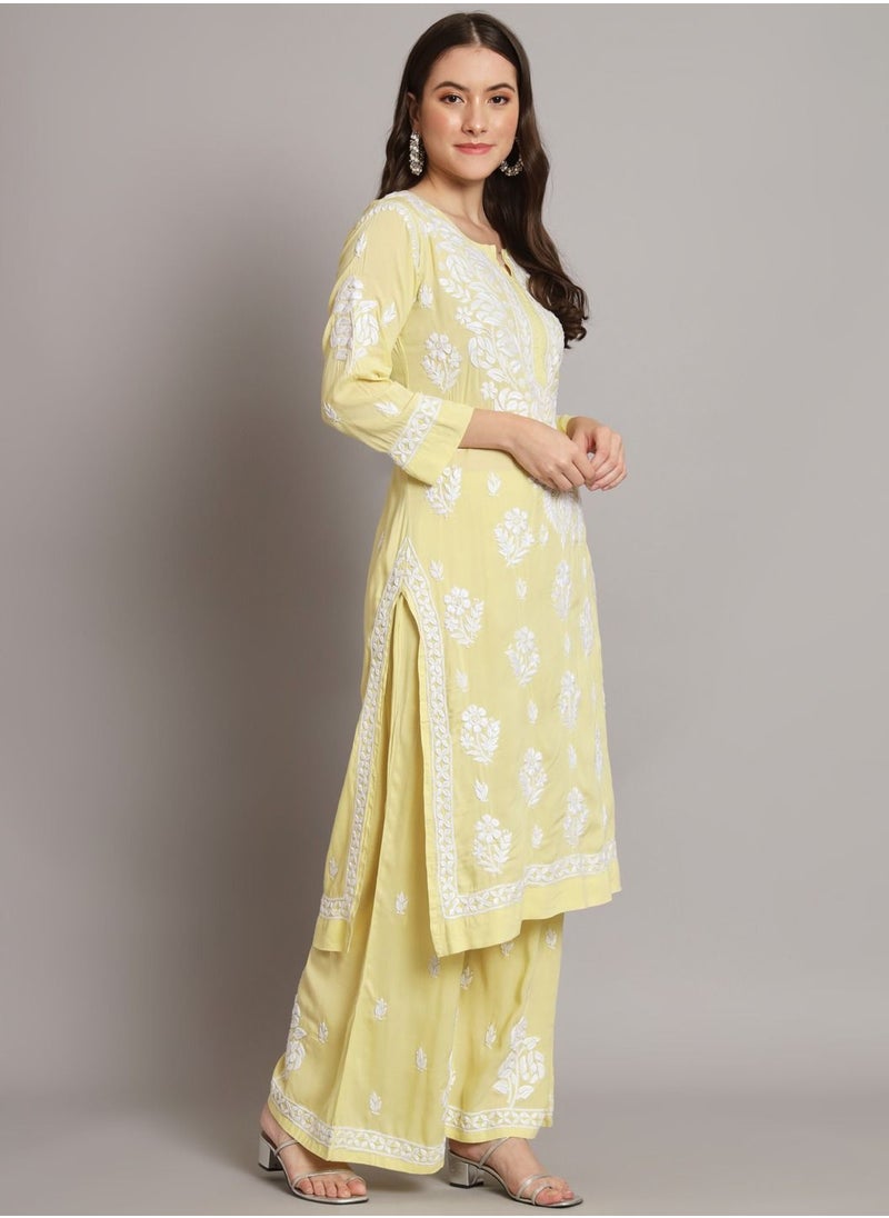 Alaya - Hand Embroidered Chikan Modal Straight Kurta Palazzos AL3668 - Image 1