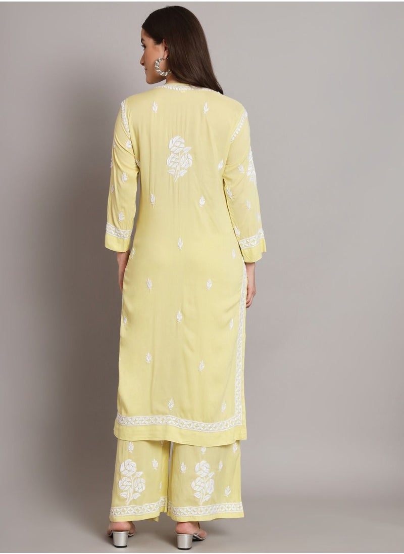 Alaya - Hand Embroidered Chikan Modal Straight Kurta Palazzos AL3668 - Image 1
