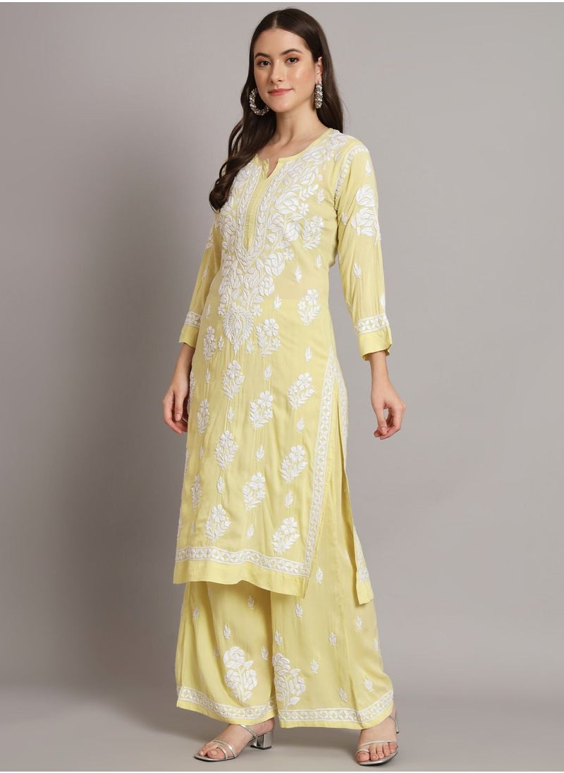 Alaya - Hand Embroidered Chikan Modal Straight Kurta Palazzos AL3668 - Image 1