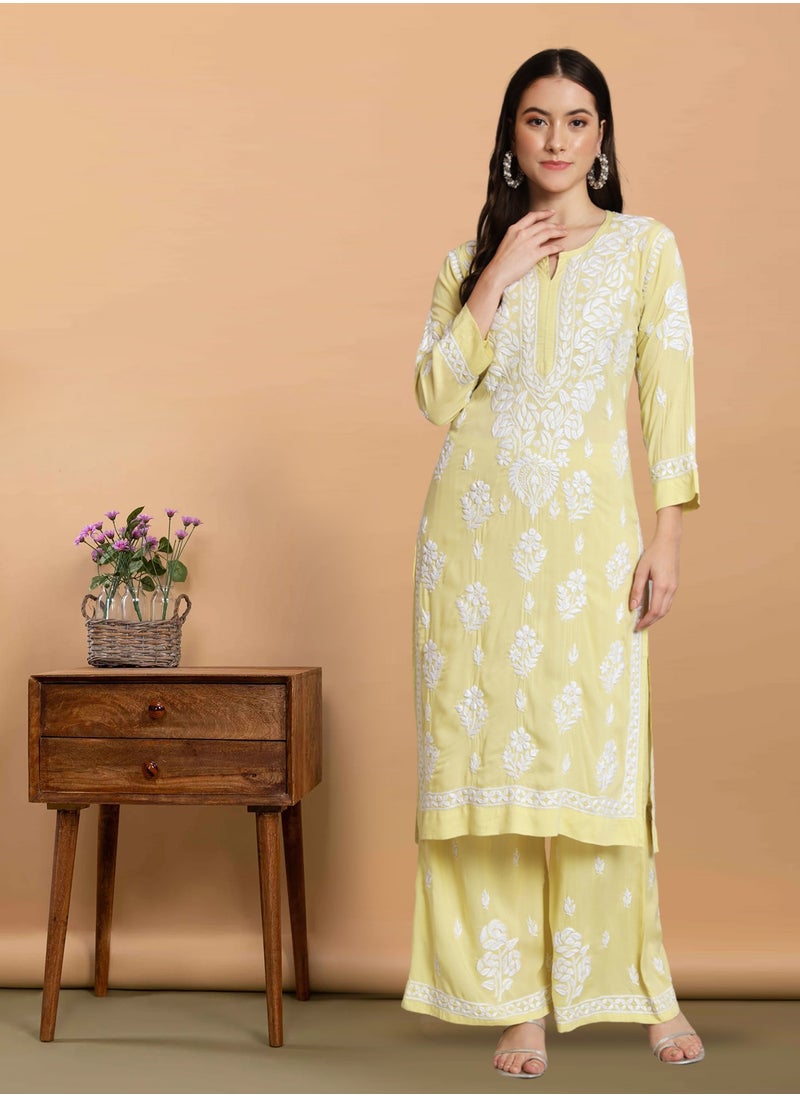 Alaya - Hand Embroidered Chikan Modal Straight Kurta Palazzos AL3668 - Image 1