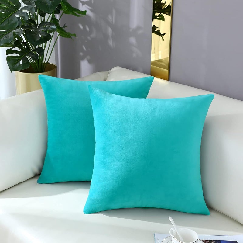 mixeoo Comfy Turquoise Throw Pillow Covers Decorative Square Solid Thick Velvet Super Soft Cushion Cases Home Decor for Sofa Couch Living Room Chair, Set of 2, 16 x 16 Inch - Image 2