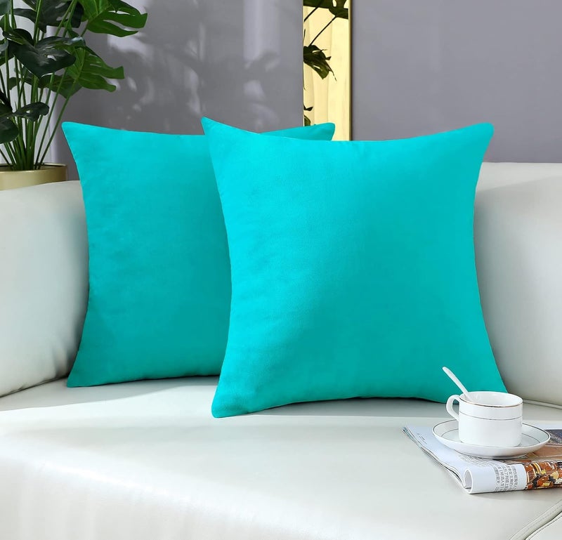 mixeoo Comfy Turquoise Throw Pillow Covers Decorative Square Solid Thick Velvet Super Soft Cushion Cases Home Decor for Sofa Couch Living Room Chair, Set of 2, 16 x 16 Inch - Image 1
