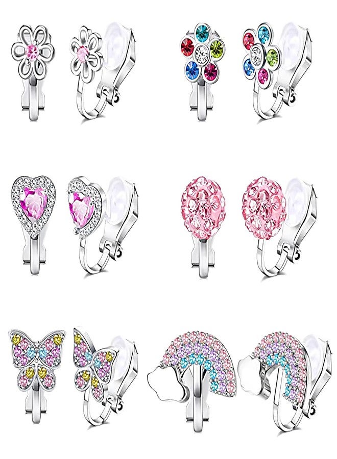 TecoKart® 6 Pairs Clip-On Earrings for Girls Stylish - Non-Piercing Kids Earrings for Kids Girls, Cute Shining Heart and Butterfly Alloy Studs for Kids Girls Jewelry - Image 1