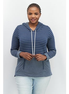 Women Drawstring Stripe Long Sleeve Hooded Sweatshirt, Navy - pzsku/Z78B36BE44617F0CF2F4FZ/45/_/1737642966/76e6643c-d1cd-48c9-98ea-bf48c06b519a