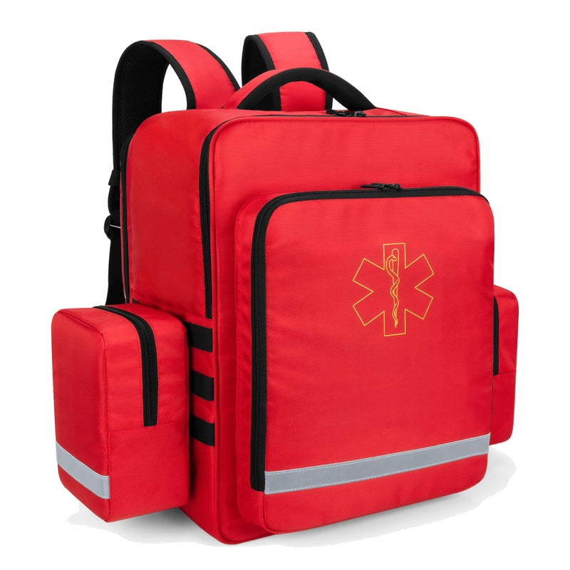 Trunab Emergency Medical Backpack Empty, EMT Camping Molle Bag with Detachable Side Pocket and No-Slip Bottom for Camping, Hiking, Traveling, Daycare, Red, Bag Only - Image 1