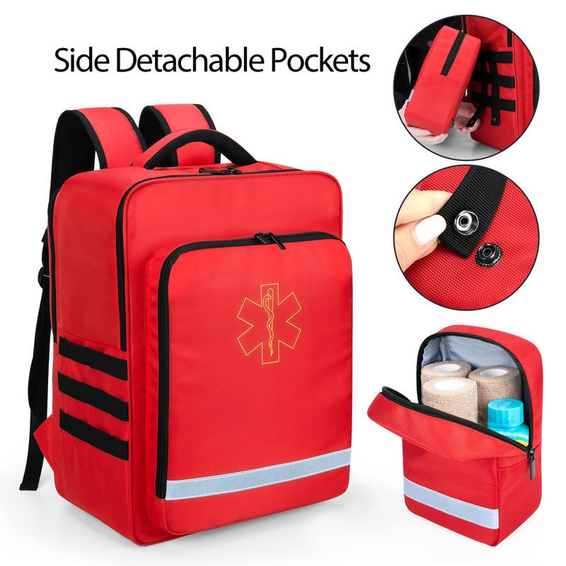 Trunab Emergency Medical Backpack Empty, EMT Camping Molle Bag with Detachable Side Pocket and No-Slip Bottom for Camping, Hiking, Traveling, Daycare, Red, Bag Only - Image 4