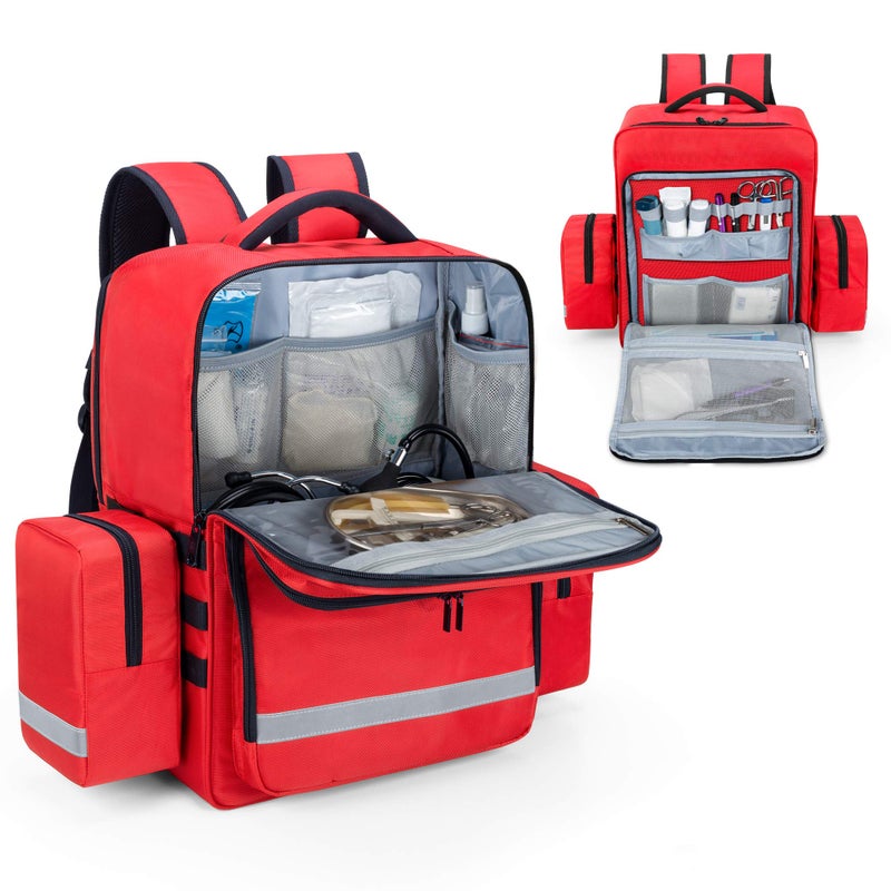 Trunab Emergency Medical Backpack Empty, EMT Camping Molle Bag with Detachable Side Pocket and No-Slip Bottom for Camping, Hiking, Traveling, Daycare, Red, Bag Only - Image 2