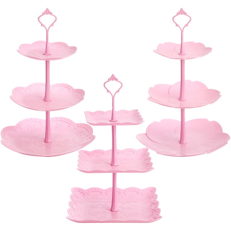 Tosnail 3 Pack 3 Tiers Plastic Cupcake Stand Dessert Stand Tiered Serving Trays with Pink Rod Candy Pastry Holders for Baby Shower Wedding and Party  Pink Rod