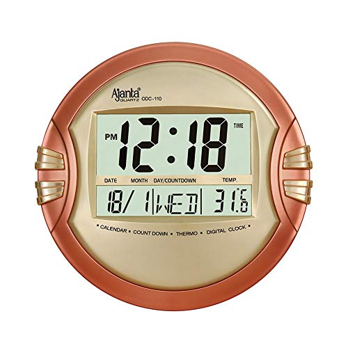 Ajanta Quartz Digital Round Wall - Table Clock (26.5 cm X 26.5 cm, Golden, ODC-110) Plastic - Image 1