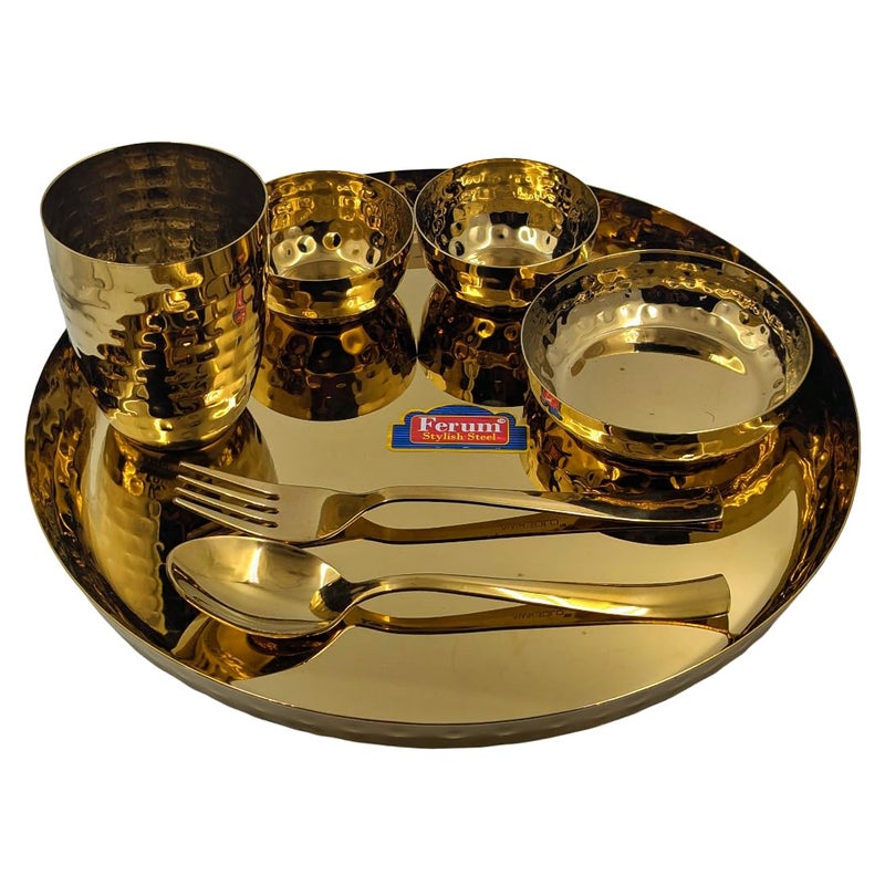 FERUM مجموعة طقم طعام FERUM من 7 قطع بتصميم مطروق بالذهب (6+1) | أدوات مائدة هندية تقليدية من الفولاذ المقاوم للصدأ للاستخدام اليومي والاحتفالات