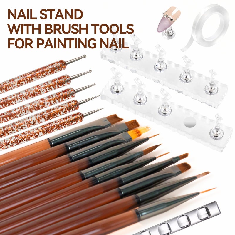 ESUOHYM Nail Art Brushes Set with Nail Stand Holder for Press On & Painting Nails,Nail Dotting Tools with Sculpture Pen,Acrylic Nail Brushes for Gel Builder Extensions French Tip,Nail Art Tools Design - Image 2
