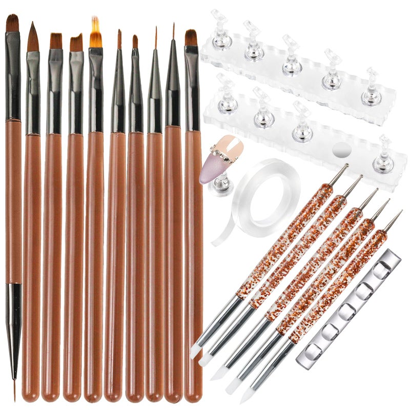 ESUOHYM Nail Art Brushes Set with Nail Stand Holder for Press On & Painting Nails,Nail Dotting Tools with Sculpture Pen,Acrylic Nail Brushes for Gel Builder Extensions French Tip,Nail Art Tools Design - Image 1