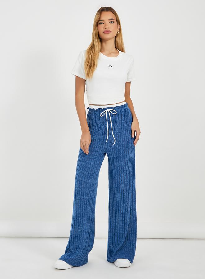 Styli High Rise Ribbed Knit Wide Leg Pants with Drawstring  - Image 1